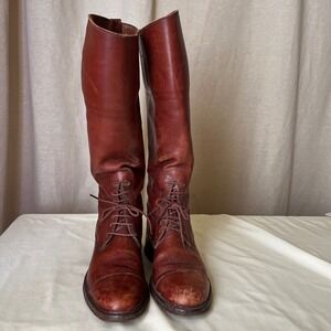 Vintage Burgundy Leather Tall Lace Up Riding Boots Cap Toe Women's 7 Narrow